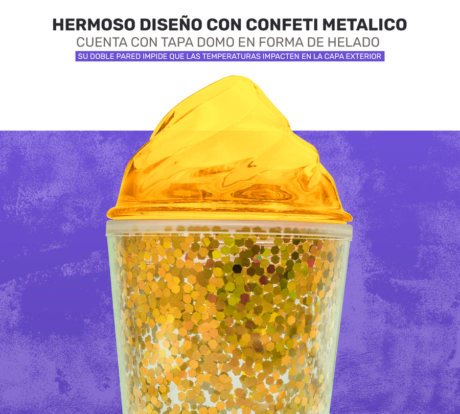 Vaso Térmico con Lentejuelas y Tapa Domo 450 ml · Con Popote · Doble Pared color Dorado