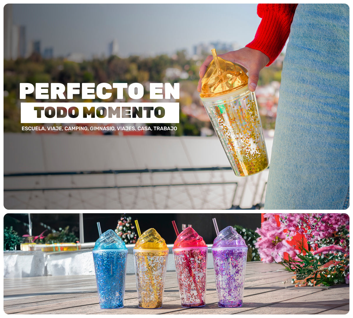 Vaso Térmico con Lentejuelas y Tapa Domo 450 ml · Con Popote · Doble Pared color Dorado