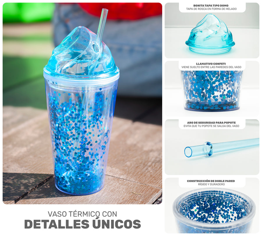 Vaso Térmico con Lentejuelas y Tapa Domo 450 ml · Con Popote · Doble Pared color Azul