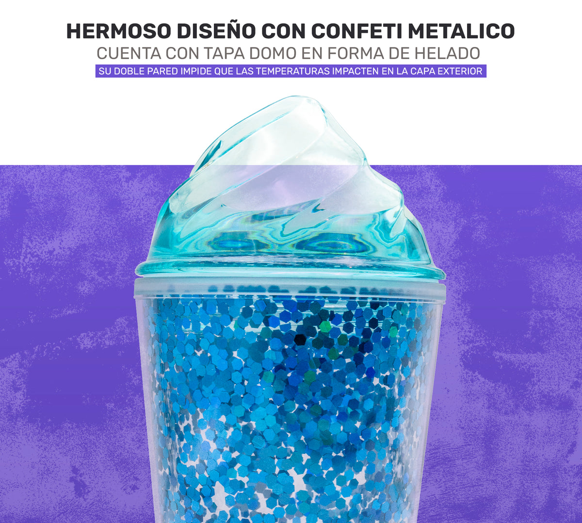 Vaso Térmico con Lentejuelas y Tapa Domo 450 ml · Con Popote · Doble Pared color Azul