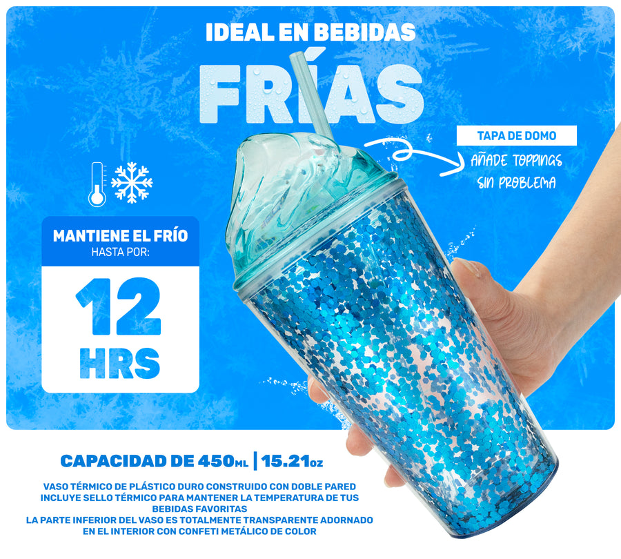 Vaso Térmico con Lentejuelas y Tapa Domo 450 ml · Con Popote · Doble Pared color Azul