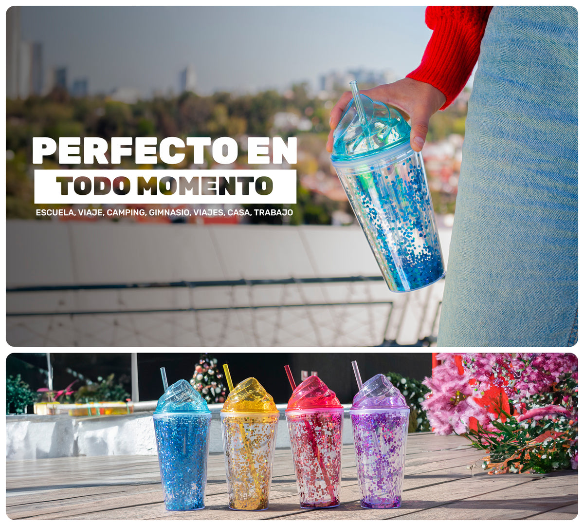 Vaso Térmico con Lentejuelas y Tapa Domo 450 ml · Con Popote · Doble Pared color Azul