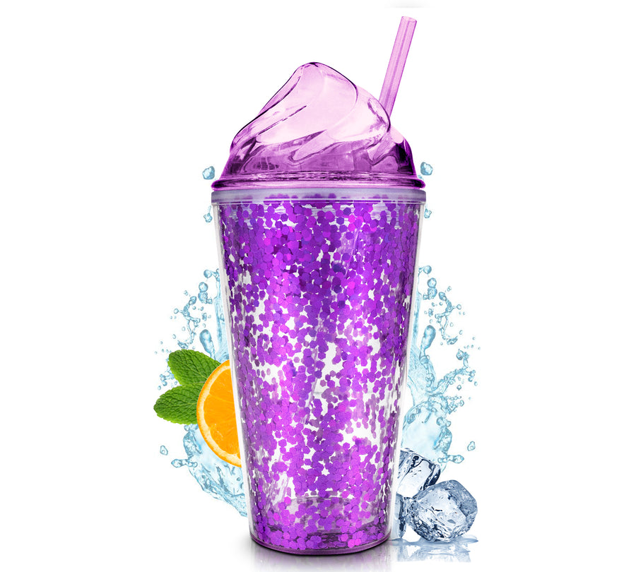 Vaso Térmico con Lentejuelas y Tapa Domo 450 ml · Con Popote · Doble Pared color Morado