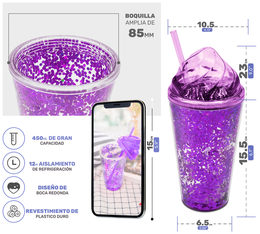 Vaso Térmico con Lentejuelas y Tapa Domo 450 ml · Con Popote · Doble Pared color Morado