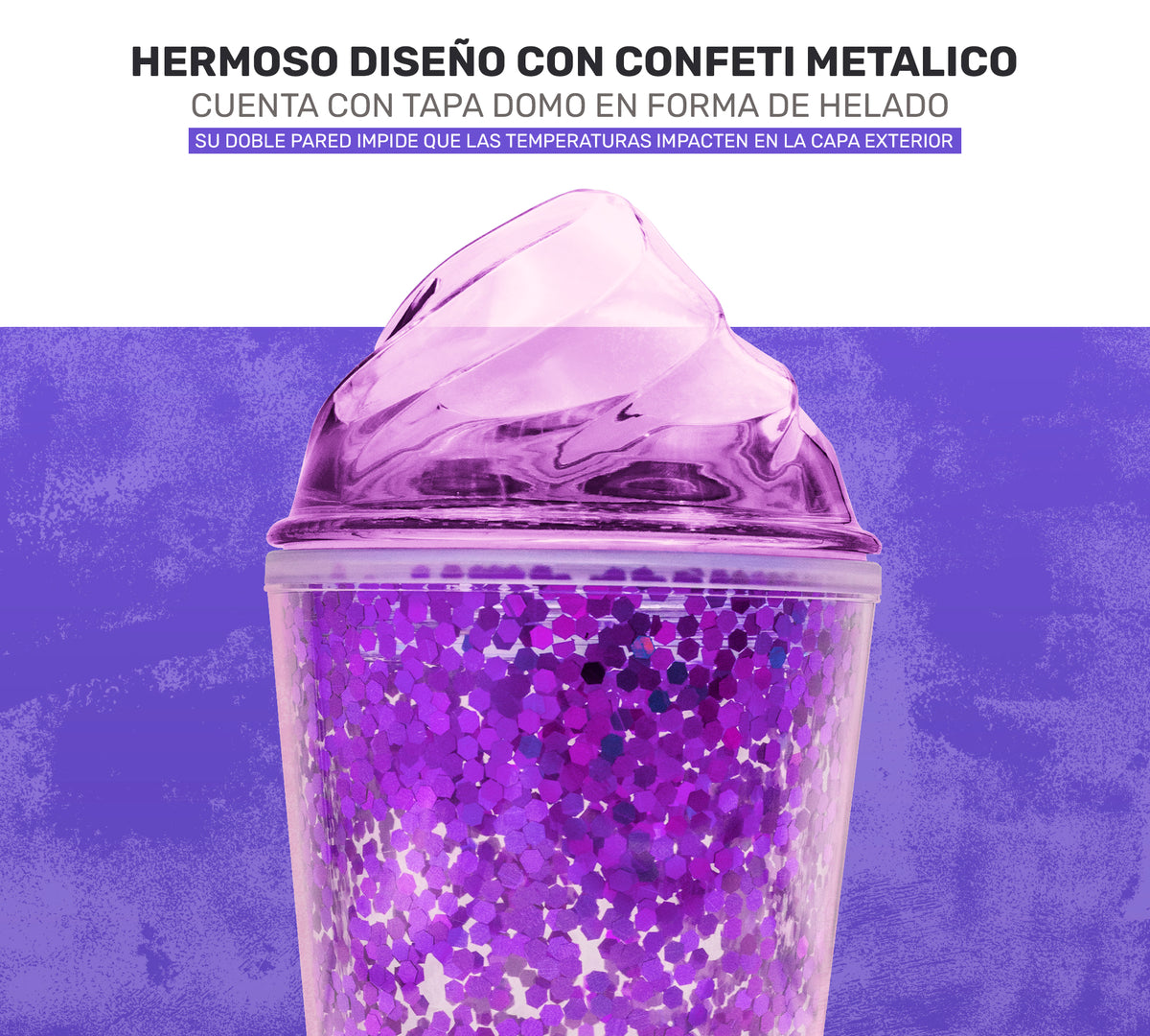 Vaso Térmico con Lentejuelas y Tapa Domo 450 ml · Con Popote · Doble Pared color Morado