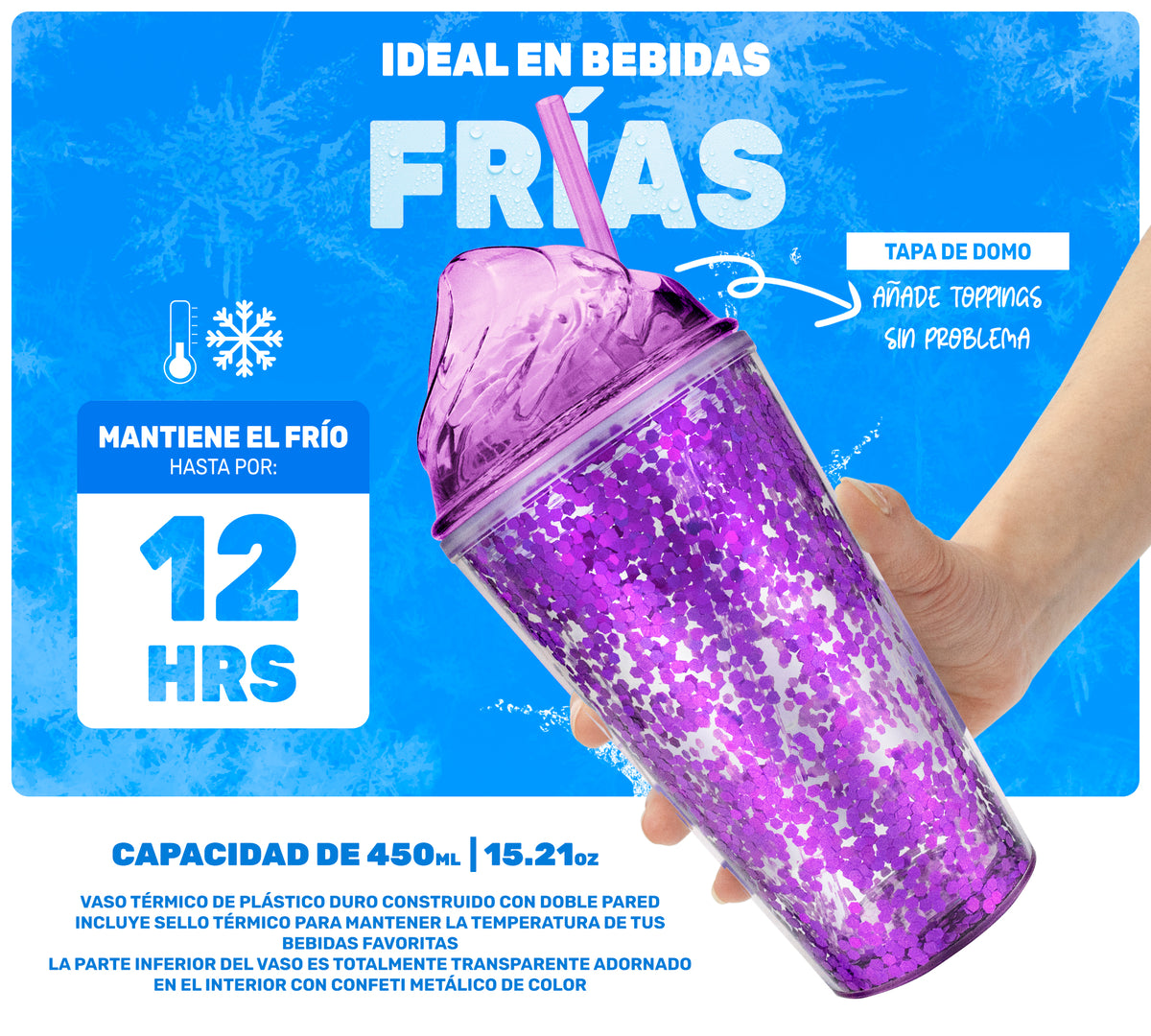 Vaso Térmico con Lentejuelas y Tapa Domo 450 ml · Con Popote · Doble Pared color Morado