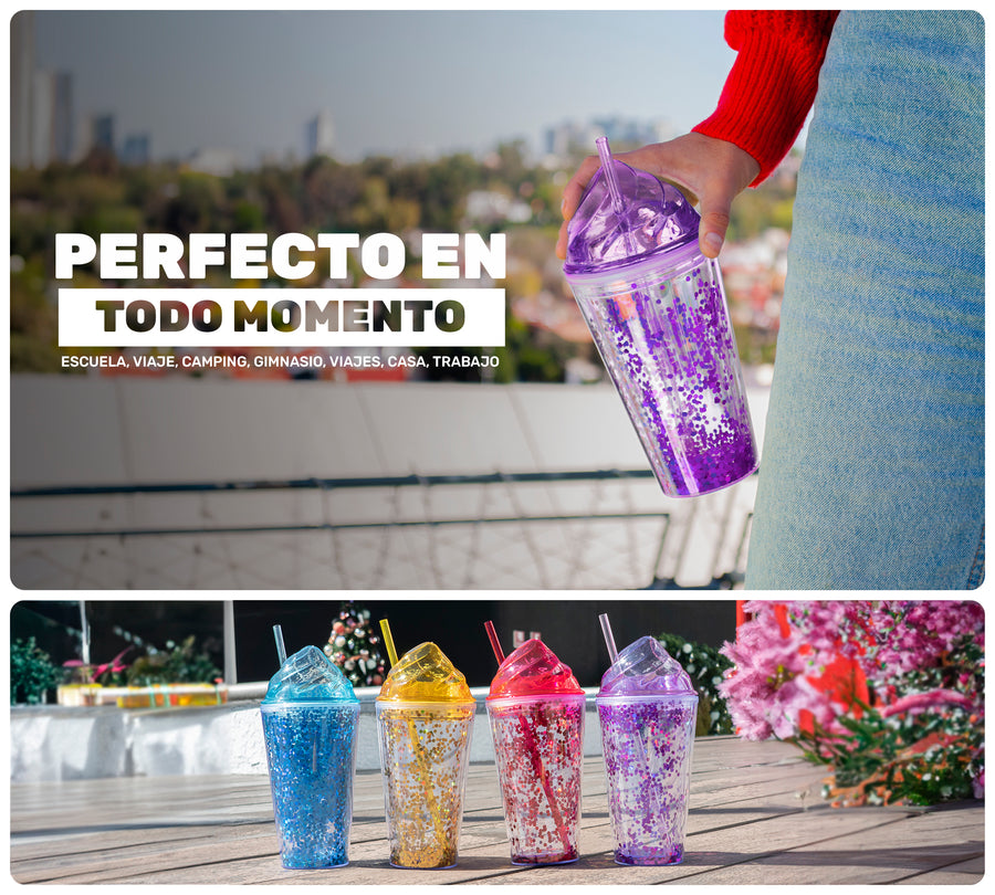Vaso Térmico con Lentejuelas y Tapa Domo 450 ml · Con Popote · Doble Pared color Morado