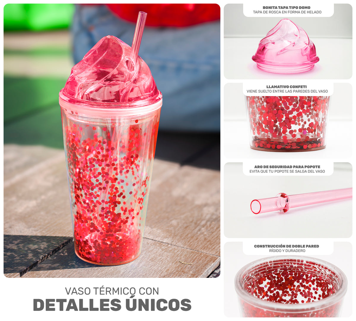 Vaso Térmico con Lentejuelas y Tapa Domo 450 ml · Con Popote · Doble Pared color Rojo