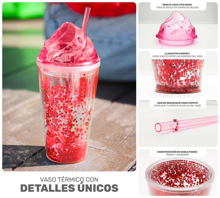 Vaso Térmico con Lentejuelas y Tapa Domo 450 ml · Con Popote · Doble Pared color Rojo