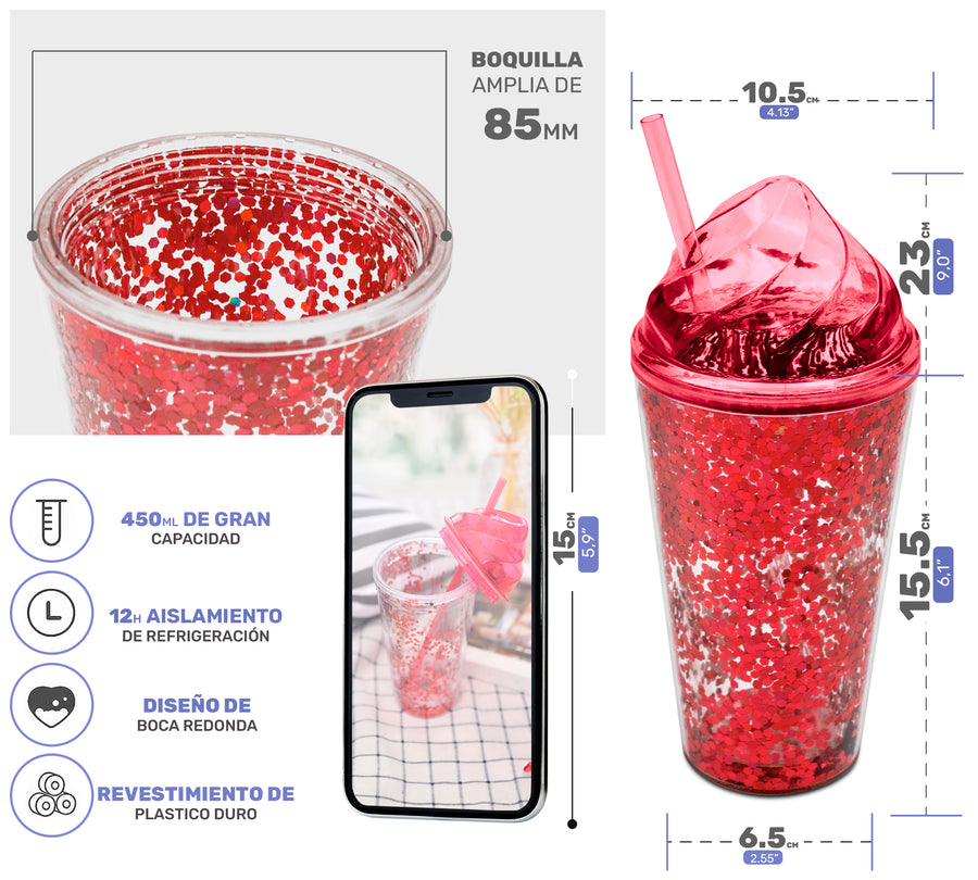 Vaso Térmico con Lentejuelas y Tapa Domo 450 ml · Con Popote · Doble Pared color Rojo