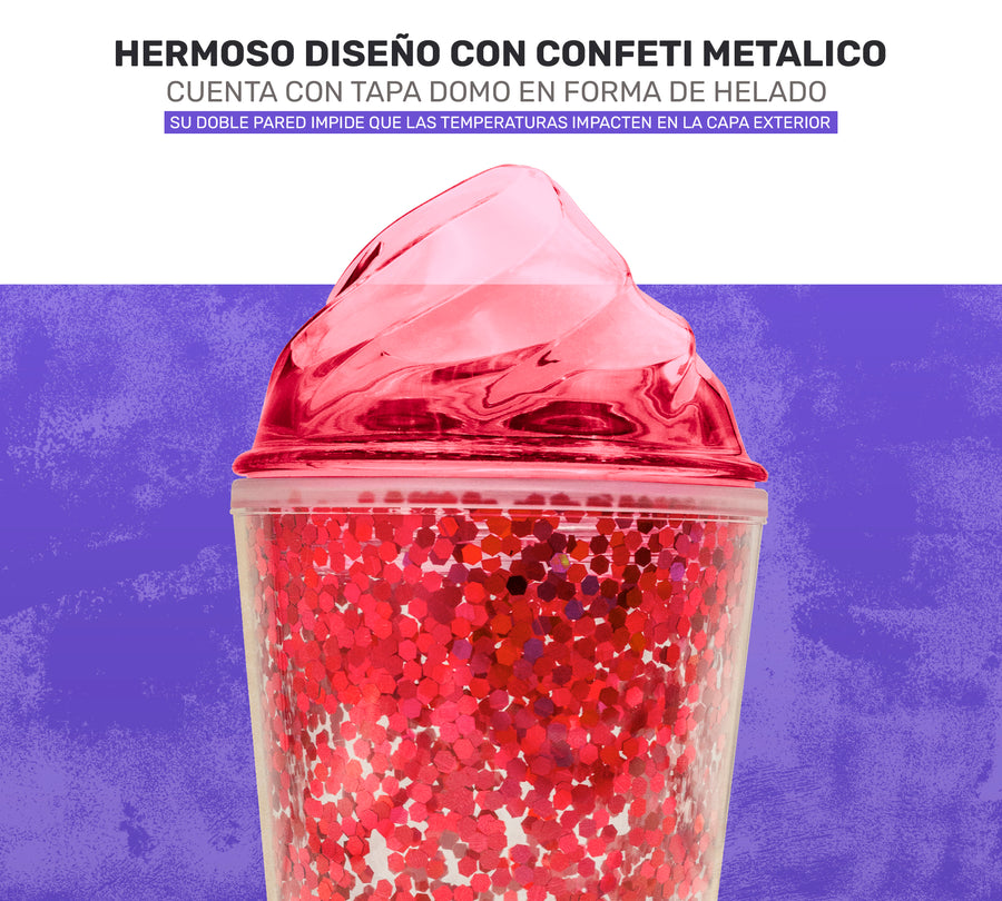 Vaso Térmico con Lentejuelas y Tapa Domo 450 ml · Con Popote · Doble Pared color Rojo