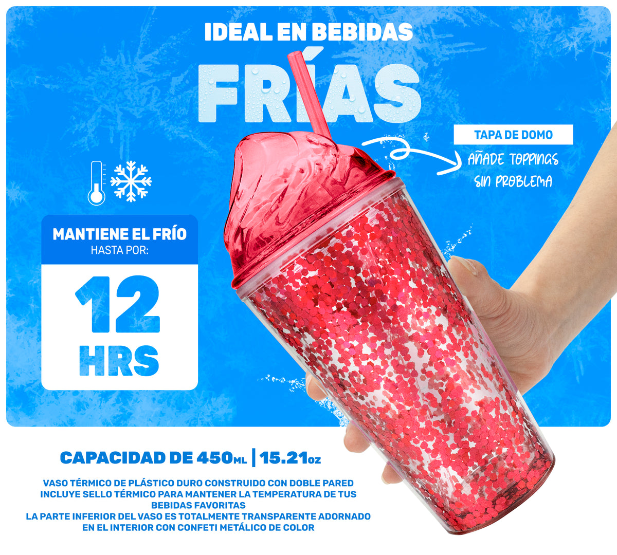 Vaso Térmico con Lentejuelas y Tapa Domo 450 ml · Con Popote · Doble Pared color Rojo