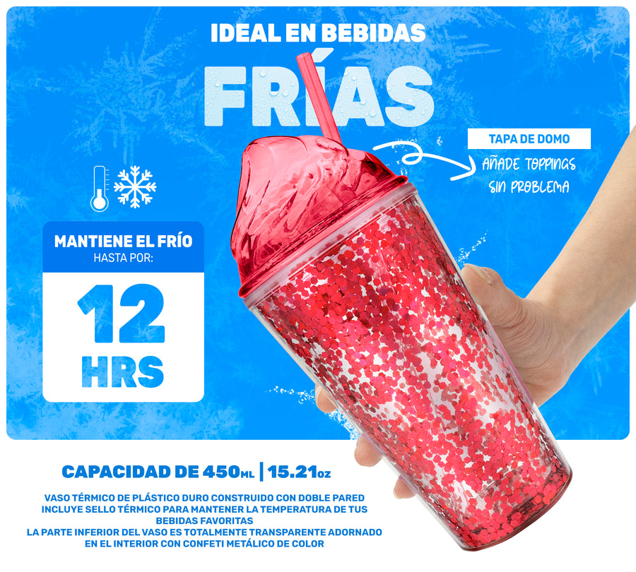 Vaso Térmico con Lentejuelas y Tapa Domo 450 ml · Con Popote · Doble Pared color Rojo