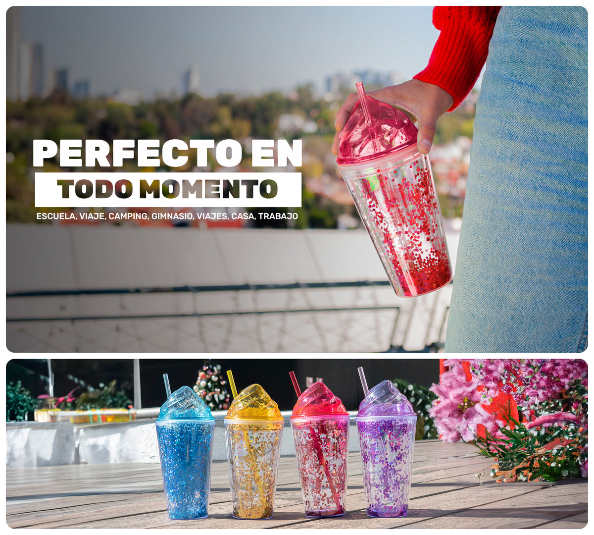 Vaso Térmico con Lentejuelas y Tapa Domo 450 ml · Con Popote · Doble Pared color Rojo