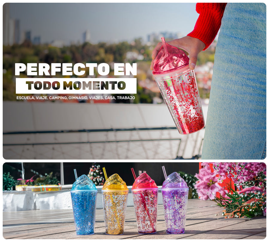 Vaso Térmico con Lentejuelas y Tapa Domo 450 ml · Con Popote · Doble Pared color Rojo
