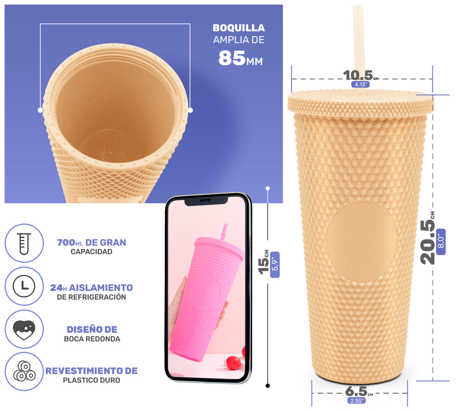 Vaso Térmico Texturizado con Relieve 700 ml · Popote y Tapa de Rosca · Doble Pared color Beige