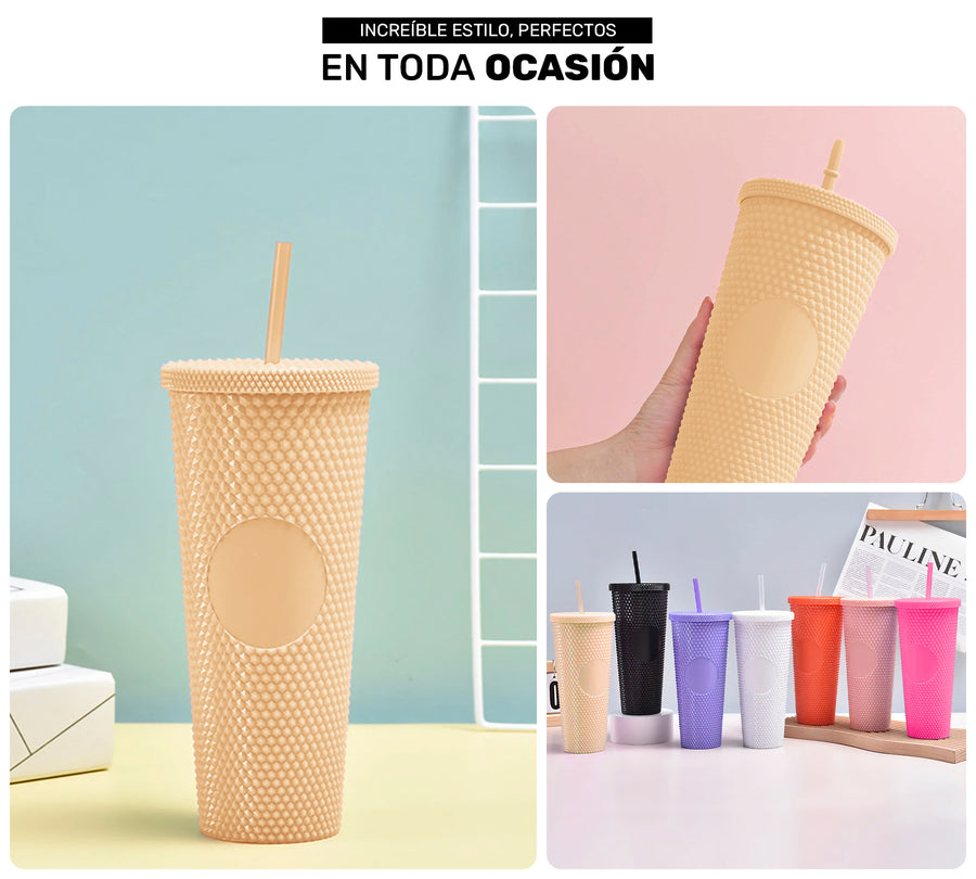 Vaso Térmico Texturizado con Relieve 700 ml · Popote y Tapa de Rosca · Doble Pared color Beige