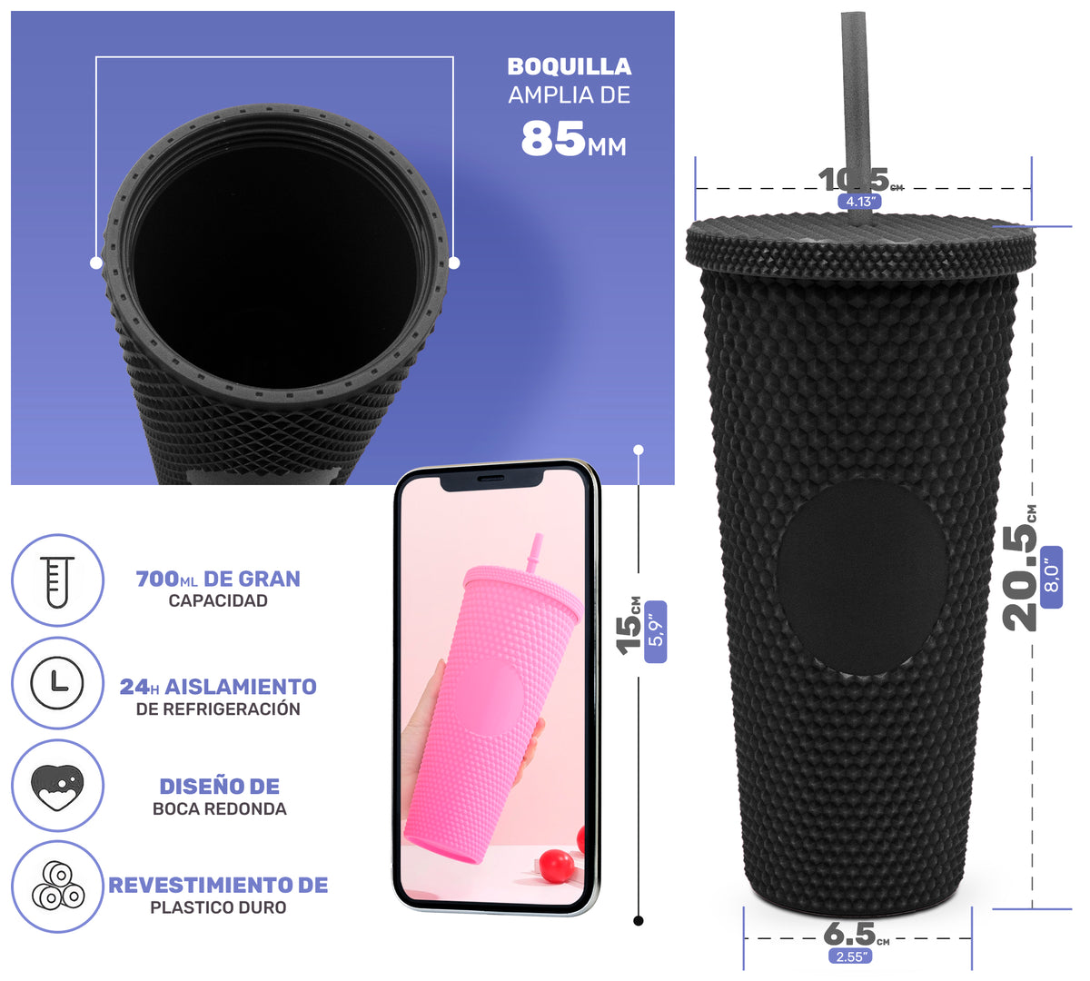 Vaso Térmico Texturizado con Relieve 700 ml · Popote y Tapa de Rosca · Doble Pared color Negro