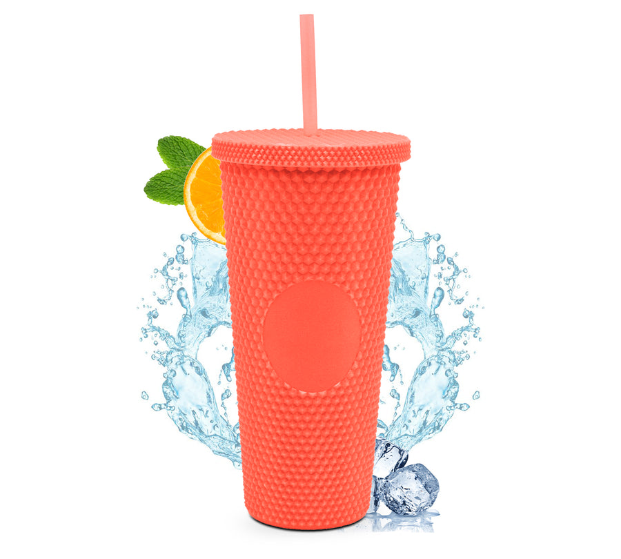 Vaso Térmico Texturizado con Relieve 700 ml · Popote y Tapa de Rosca · Doble Pared color Coral