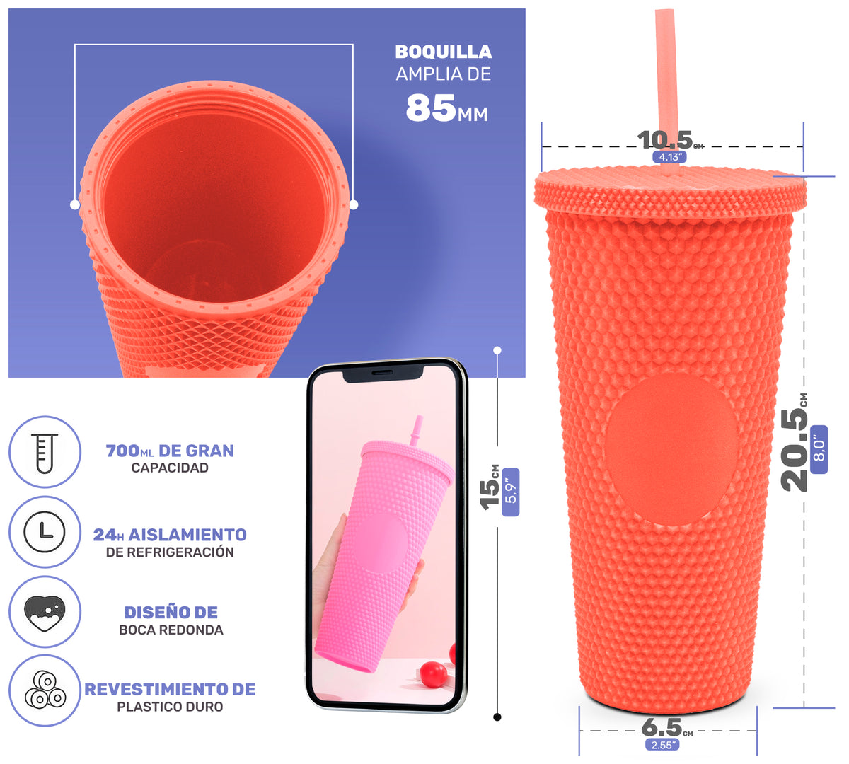 Vaso Térmico Texturizado con Relieve 700 ml · Popote y Tapa de Rosca · Doble Pared color Coral