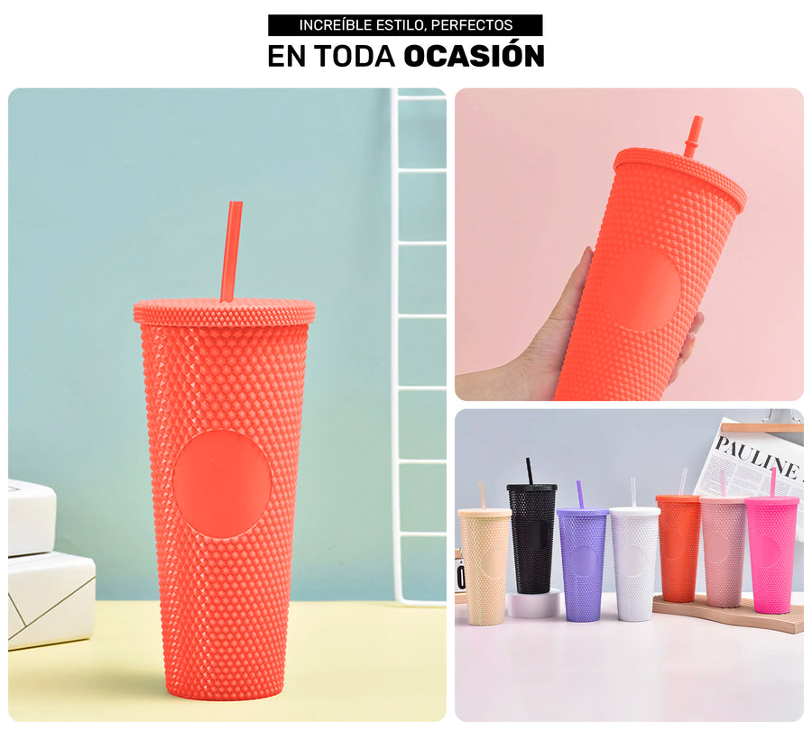 Vaso Térmico Texturizado con Relieve 700 ml · Popote y Tapa de Rosca · Doble Pared color Coral