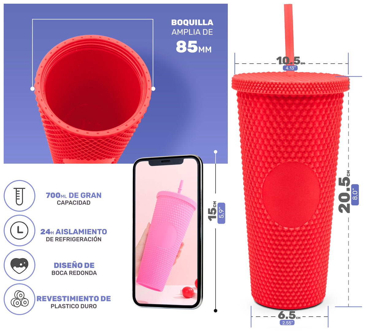 Vaso Térmico Texturizado con Relieve 700 ml · Popote y Tapa de Rosca · Doble Pared color Rojo