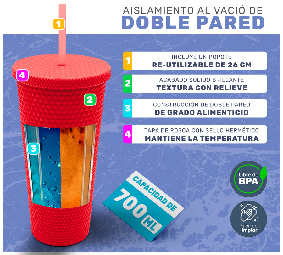 Vaso Térmico Texturizado con Relieve 700 ml · Popote y Tapa de Rosca · Doble Pared color Rojo
