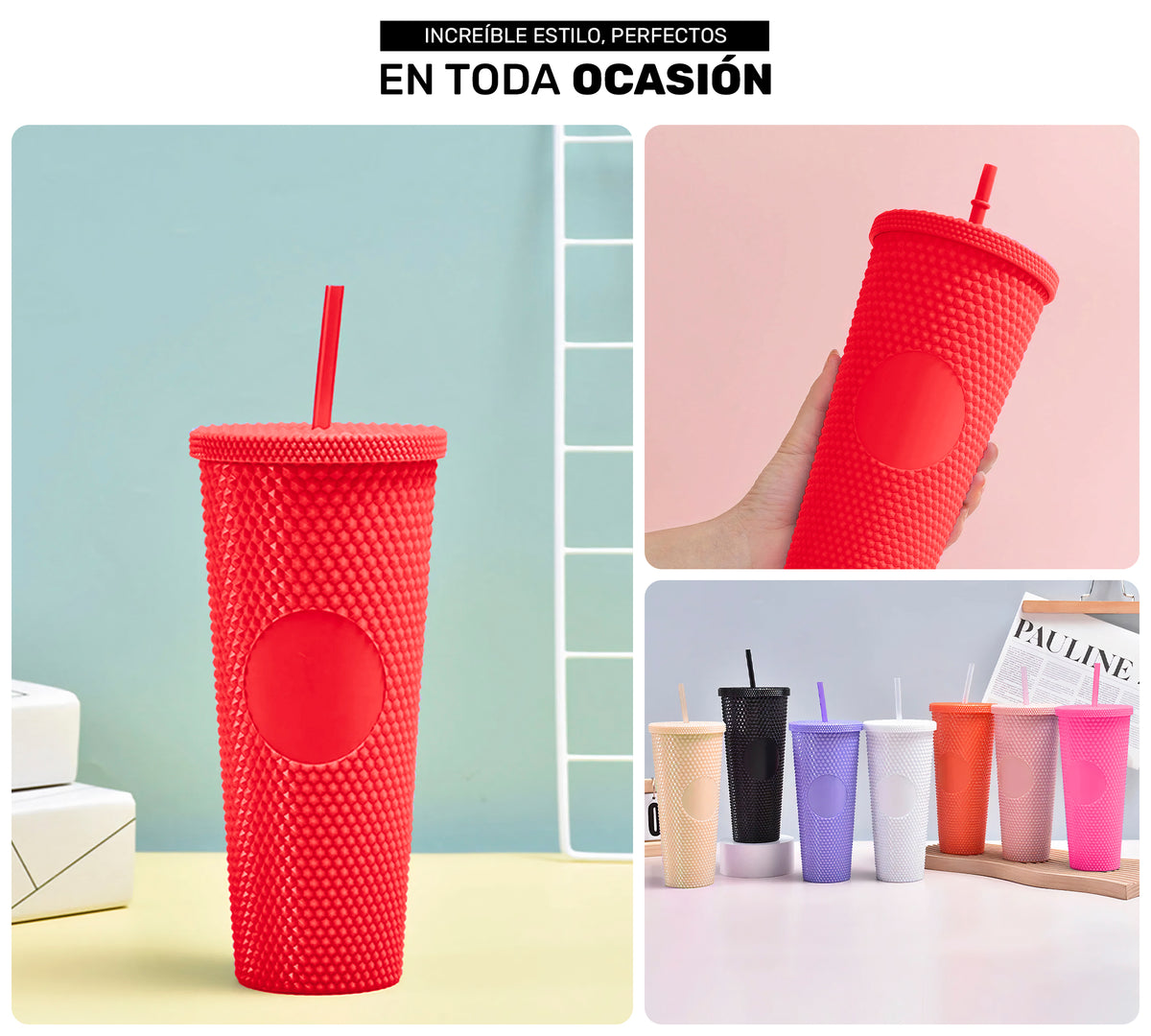 Vaso Térmico Texturizado con Relieve 700 ml · Popote y Tapa de Rosca · Doble Pared color Rojo
