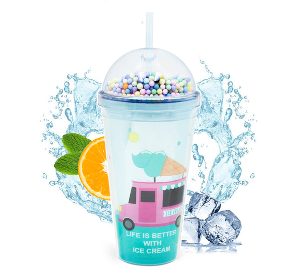 Vaso Congelable con Luz LED y Confeti 450 ml · Con Popote y Tapa Domo