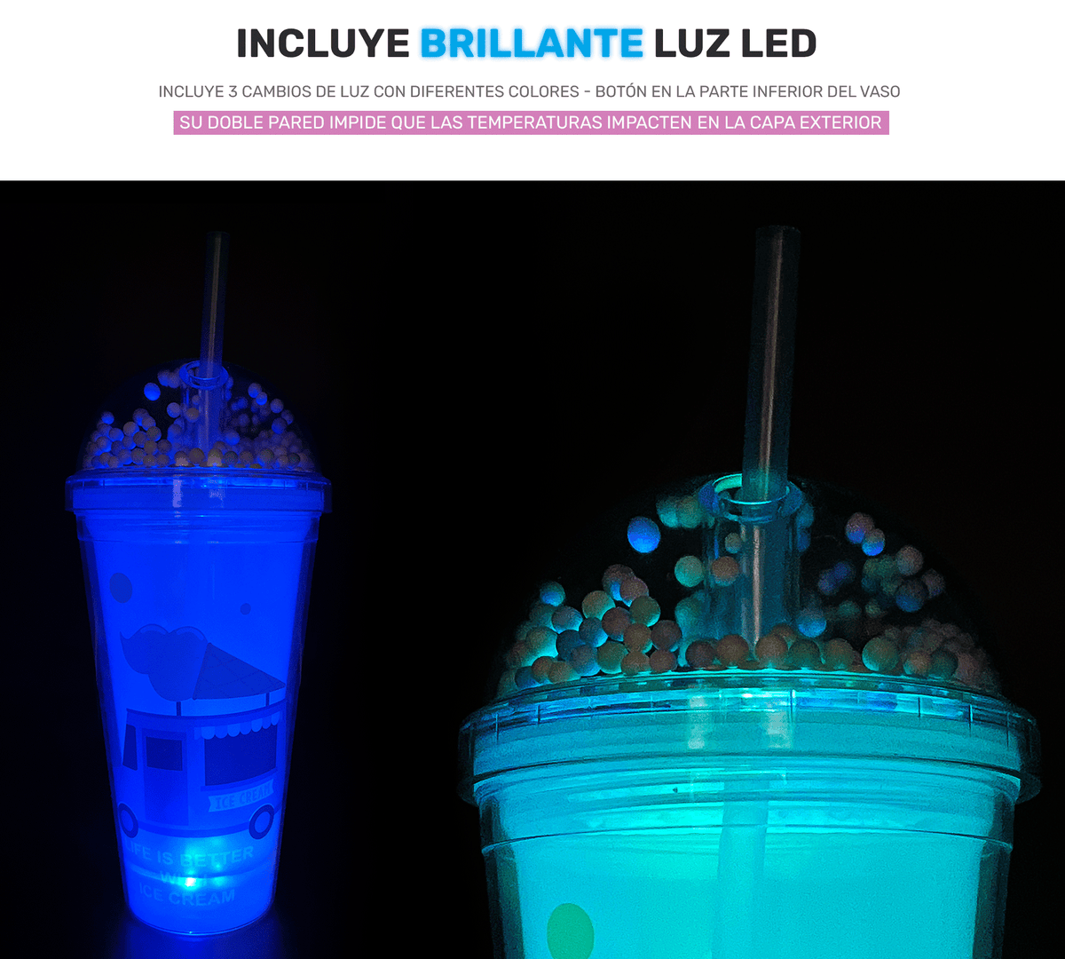 Vaso Congelable con Luz LED y Confeti 450 ml · Con Popote y Tapa Domo