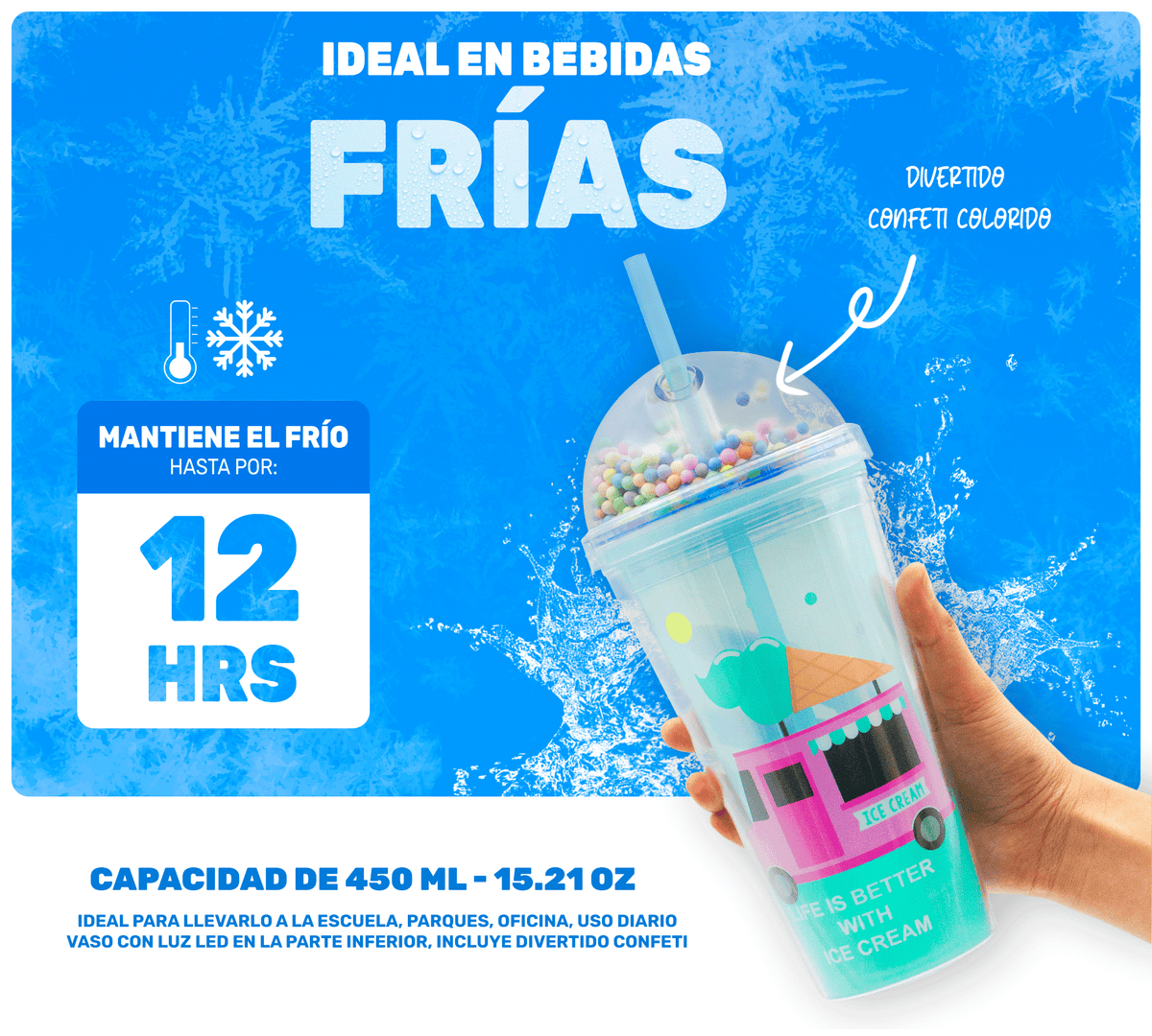 Vaso Congelable con Luz LED y Confeti 450 ml · Con Popote y Tapa Domo