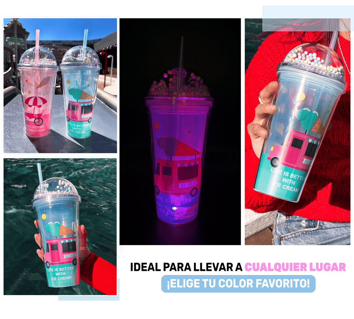 Vaso Congelable con Luz LED y Confeti 450 ml · Con Popote y Tapa Domo
