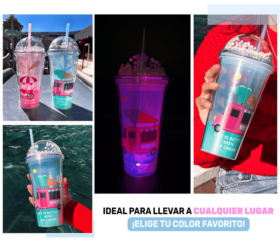 Vaso Congelable con Luz LED y Confeti 450 ml · Con Popote y Tapa Domo