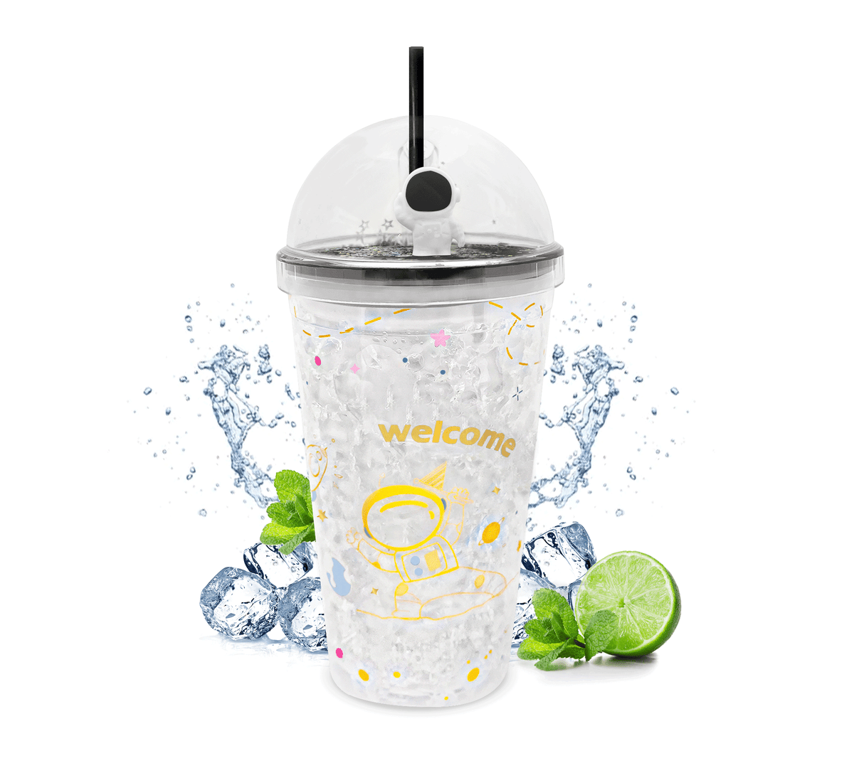 Vaso Congelable Infantil Diseño Astronauta 450 ml · Con Popote y Tapa Domo