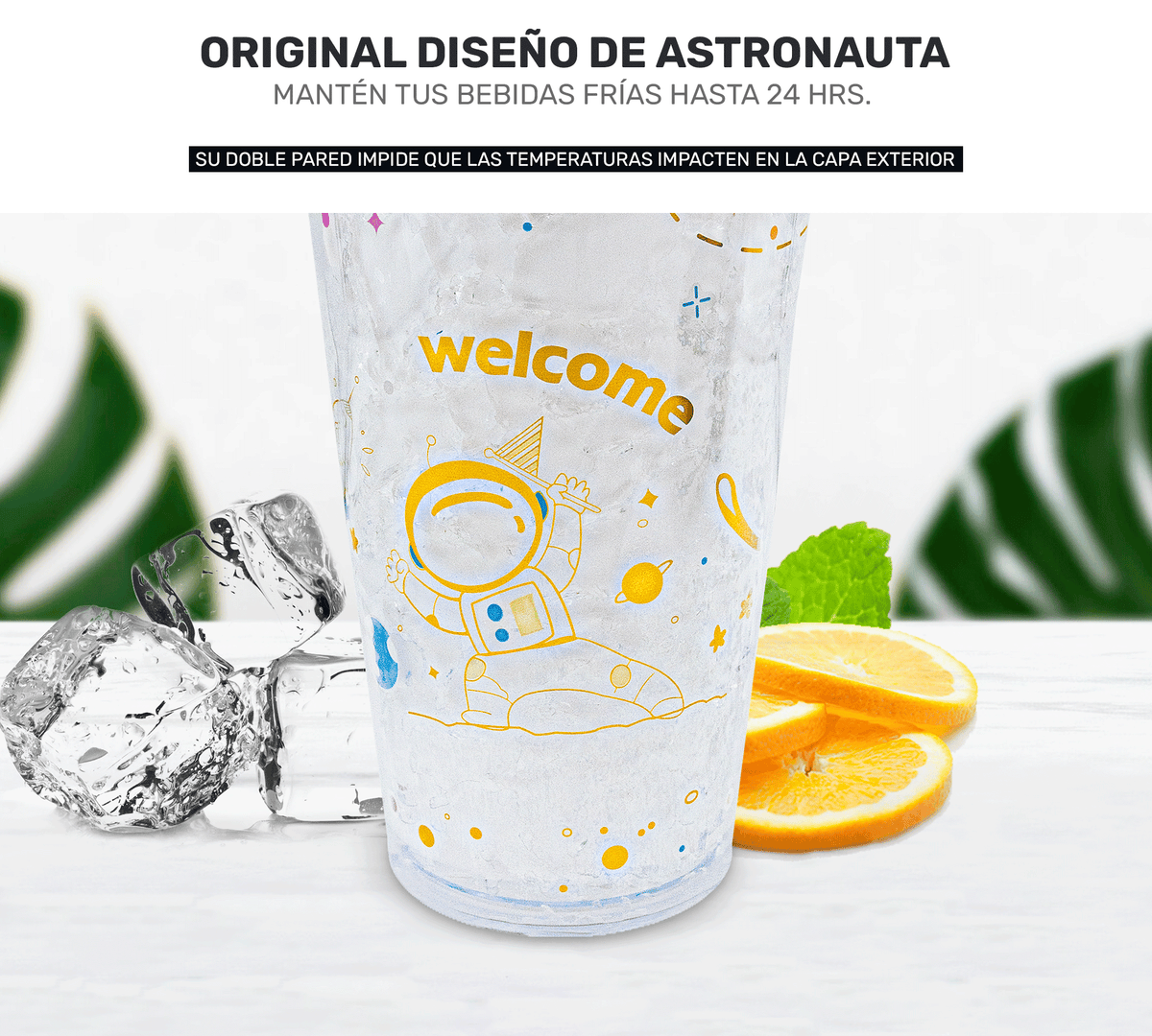 Vaso Congelable Infantil Diseño Astronauta 450 ml · Con Popote y Tapa Domo