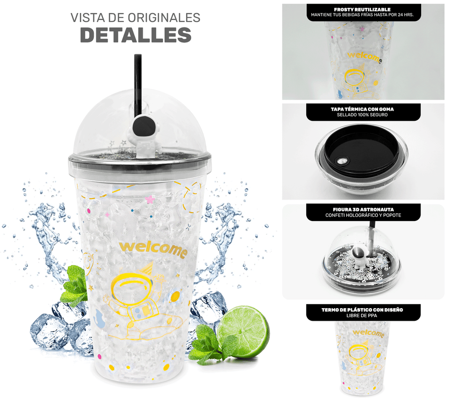 Vaso Congelable Infantil Diseño Astronauta 450 ml · Con Popote y Tapa Domo