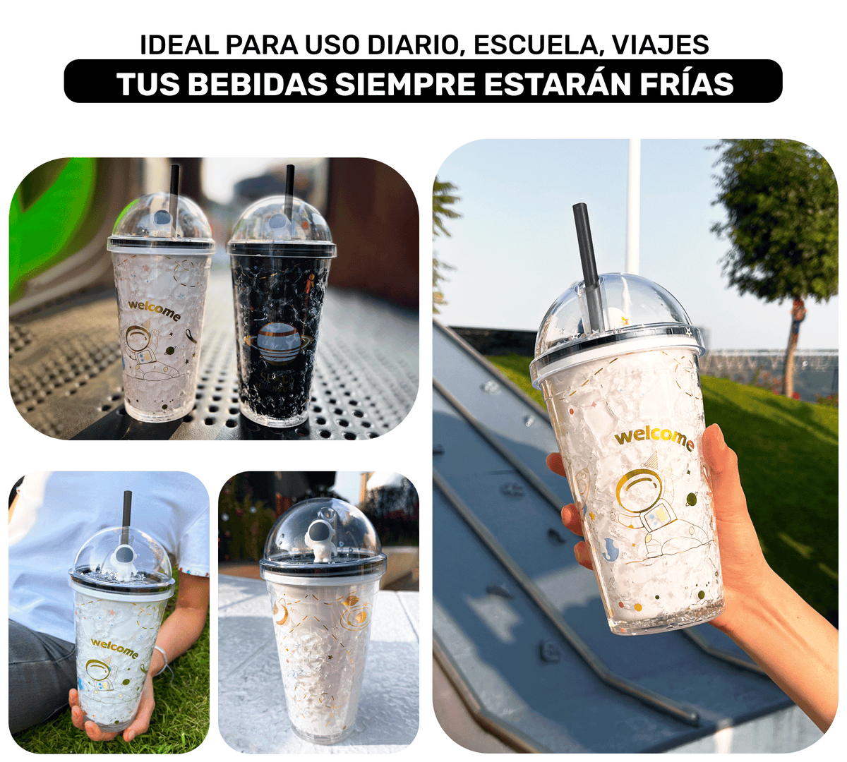 Vaso Congelable Infantil Diseño Astronauta 450 ml · Con Popote y Tapa Domo