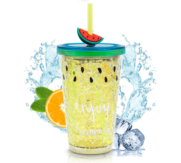 Vaso Frappé Congelable Diseño Sandía 450 ml · Gel Refrigerante · Con Popote color Amarillo