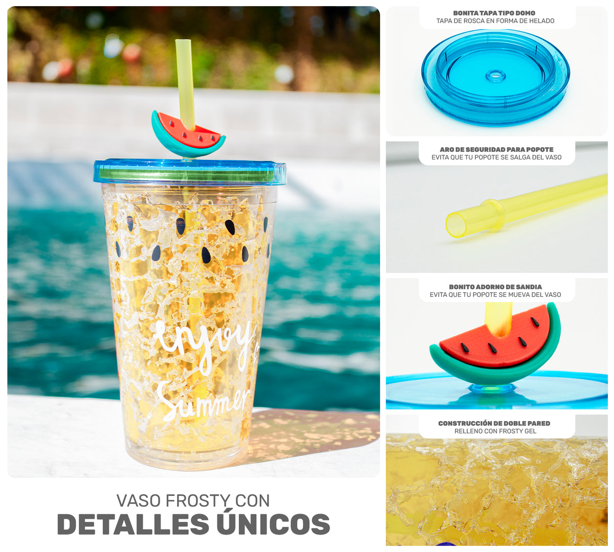 Vaso Frappé Congelable Diseño Sandía 450 ml · Gel Refrigerante · Con Popote color Amarillo