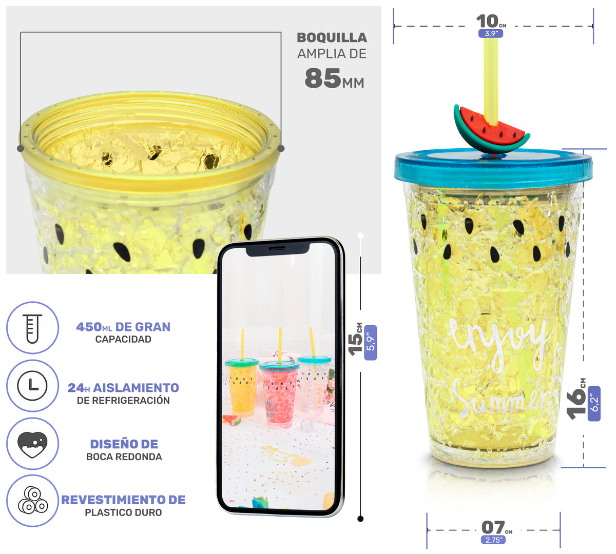 Vaso Frappé Congelable Diseño Sandía 450 ml · Gel Refrigerante · Con Popote color Amarillo