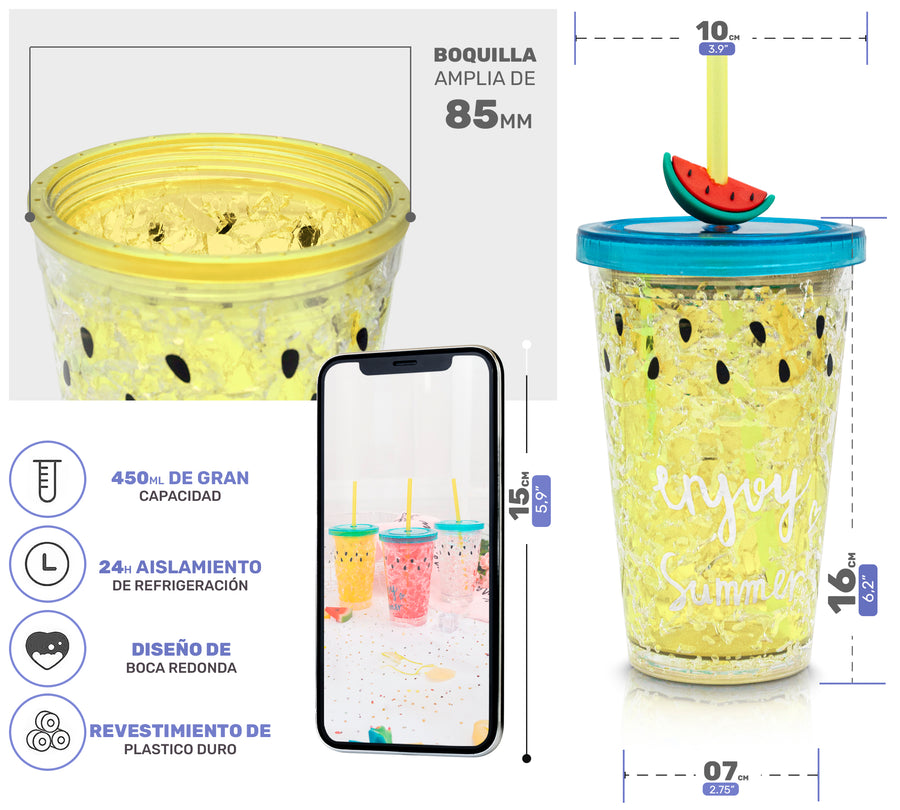 Vaso Frappé Congelable Diseño Sandía 450 ml · Gel Refrigerante · Con Popote color Amarillo