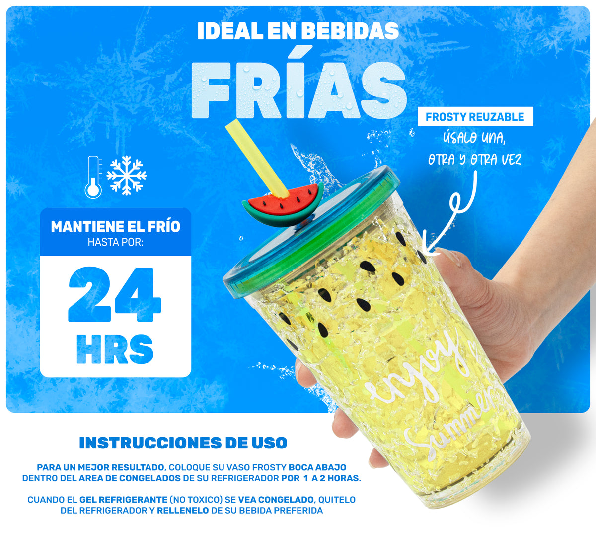Vaso Frappé Congelable Diseño Sandía 450 ml · Gel Refrigerante · Con Popote color Amarillo