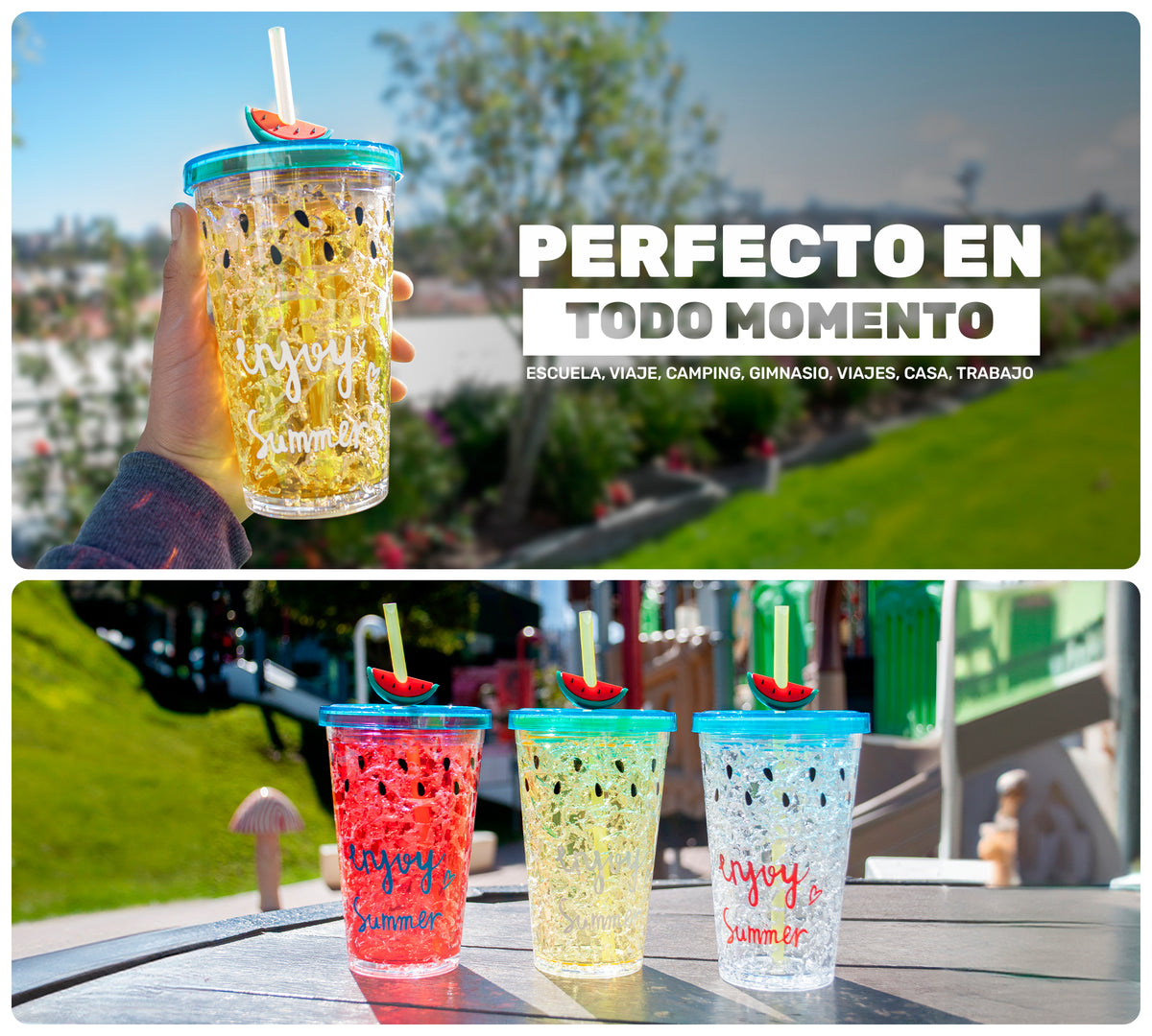 Vaso Frappé Congelable Diseño Sandía 450 ml · Gel Refrigerante · Con Popote color Amarillo