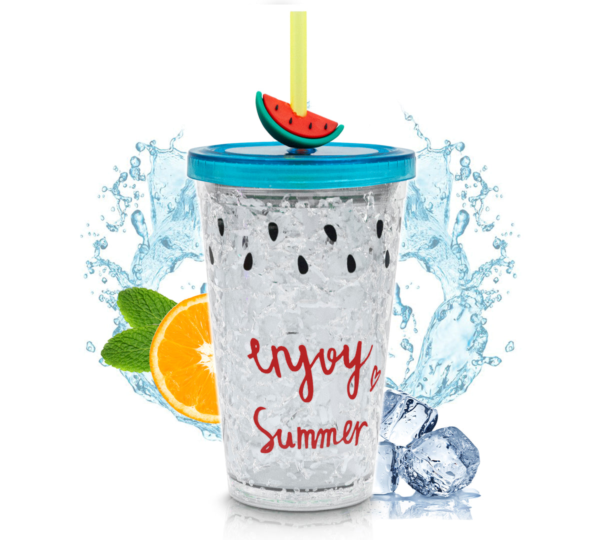 Vaso Frappé Congelable Diseño Sandía 450 ml · Gel Refrigerante · Con Popote color Blanco