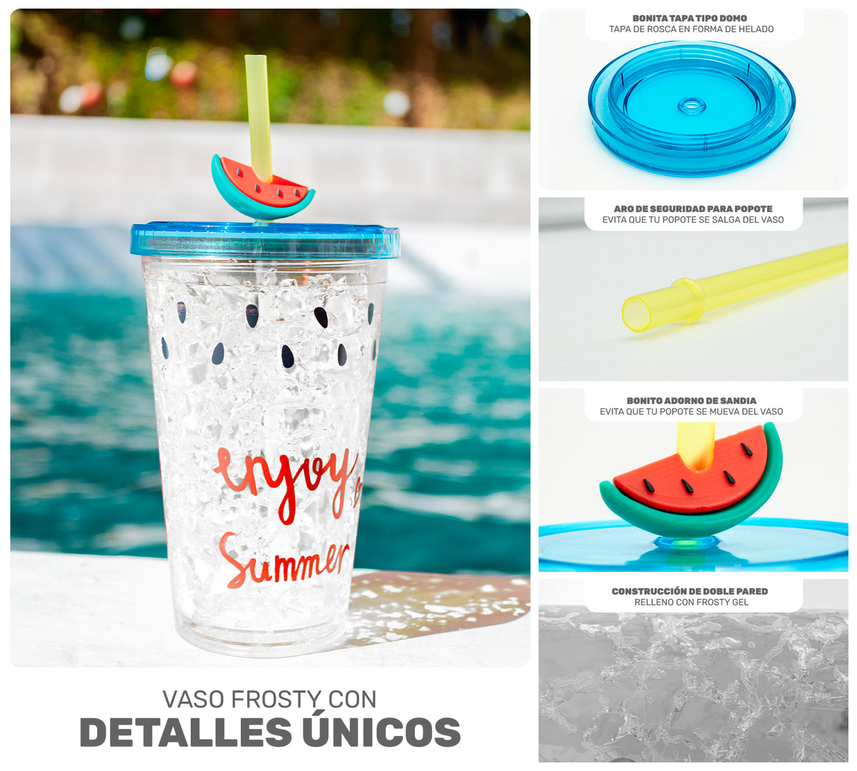 Vaso Frappé Congelable Diseño Sandía 450 ml · Gel Refrigerante · Con Popote color Blanco