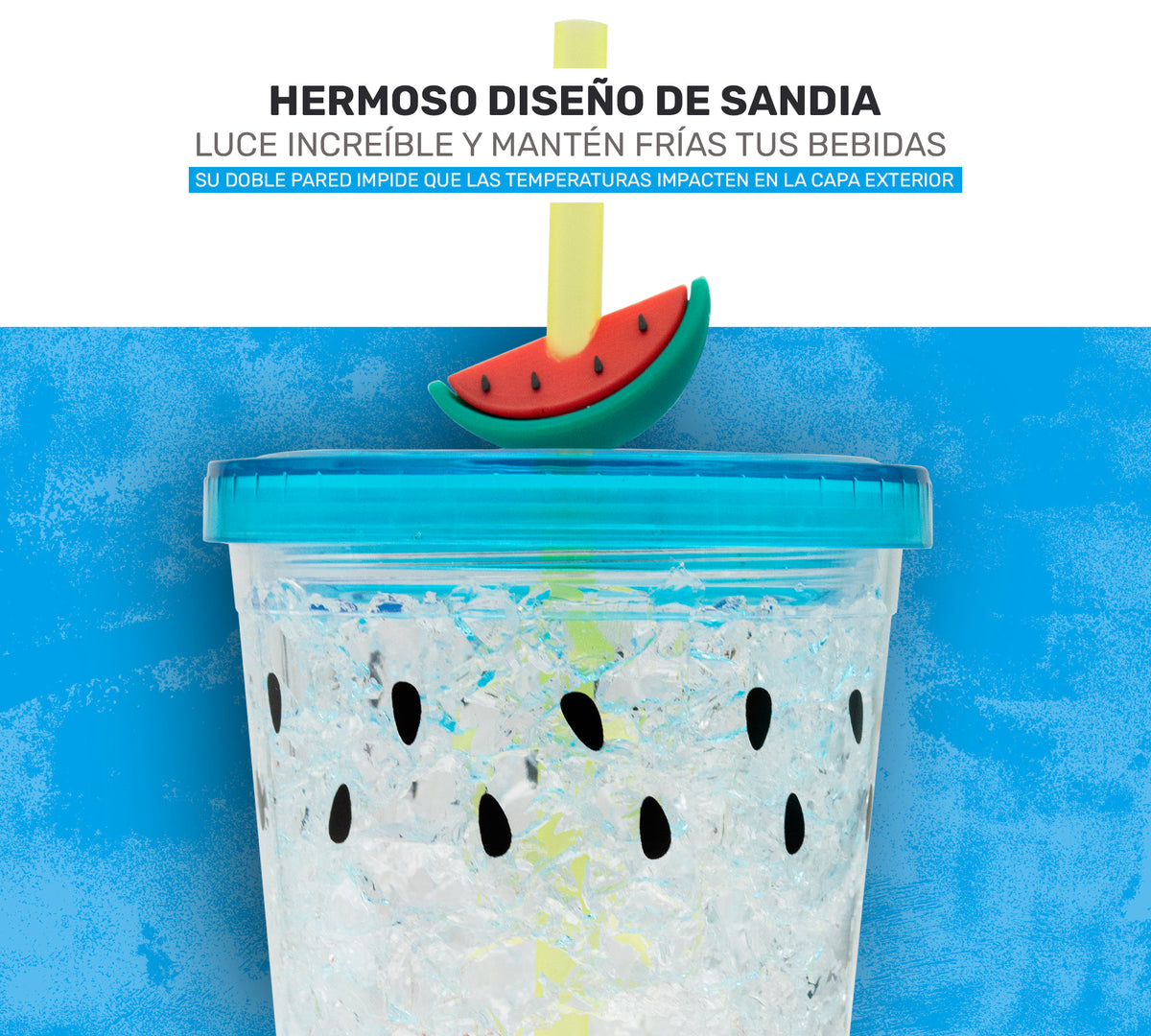 Vaso Frappé Congelable Diseño Sandía 450 ml · Gel Refrigerante · Con Popote color Blanco
