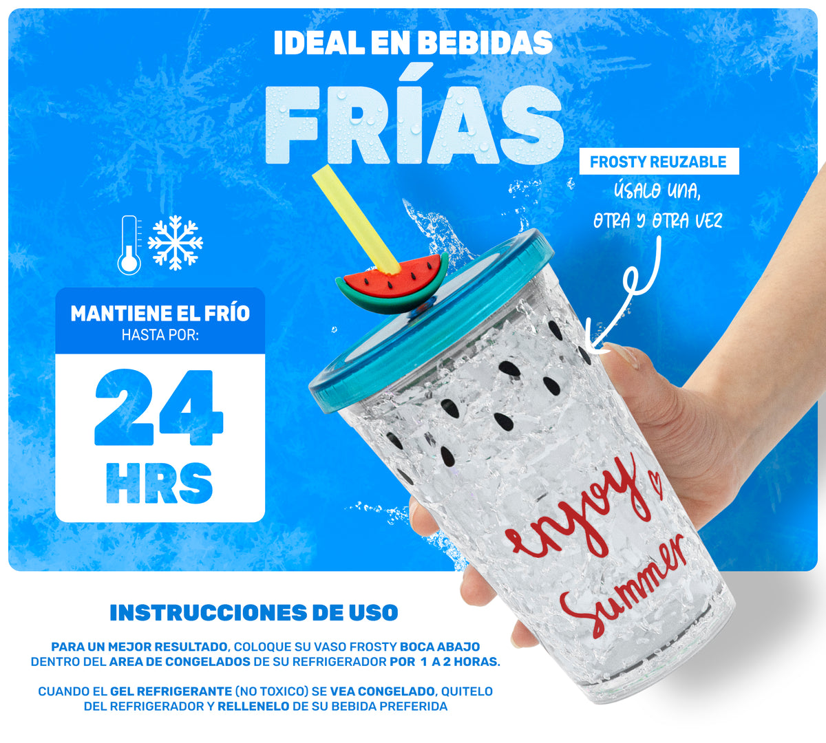 Vaso Frappé Congelable Diseño Sandía 450 ml · Gel Refrigerante · Con Popote color Blanco