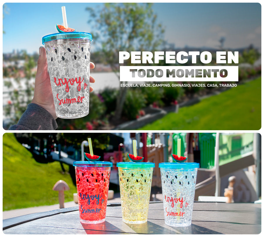 Vaso Frappé Congelable Diseño Sandía 450 ml · Gel Refrigerante · Con Popote color Blanco