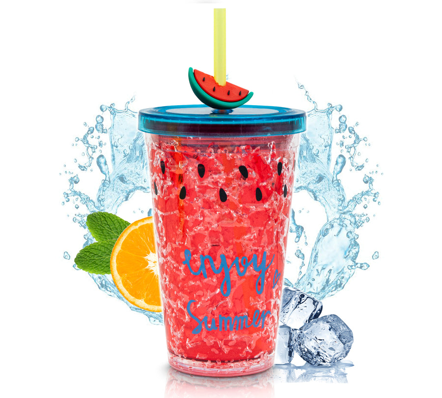 Vaso Frappé Congelable Diseño Sandía 450 ml · Gel Refrigerante · Con Popote color Rojo