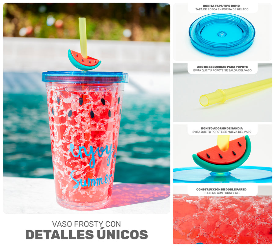 Vaso Frappé Congelable Diseño Sandía 450 ml · Gel Refrigerante · Con Popote color Rojo